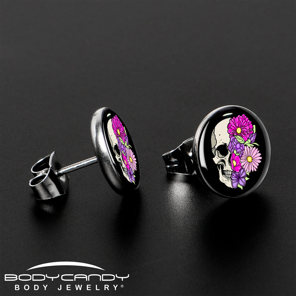 Floral Flowers Skull Stud Earrings by Onyx O